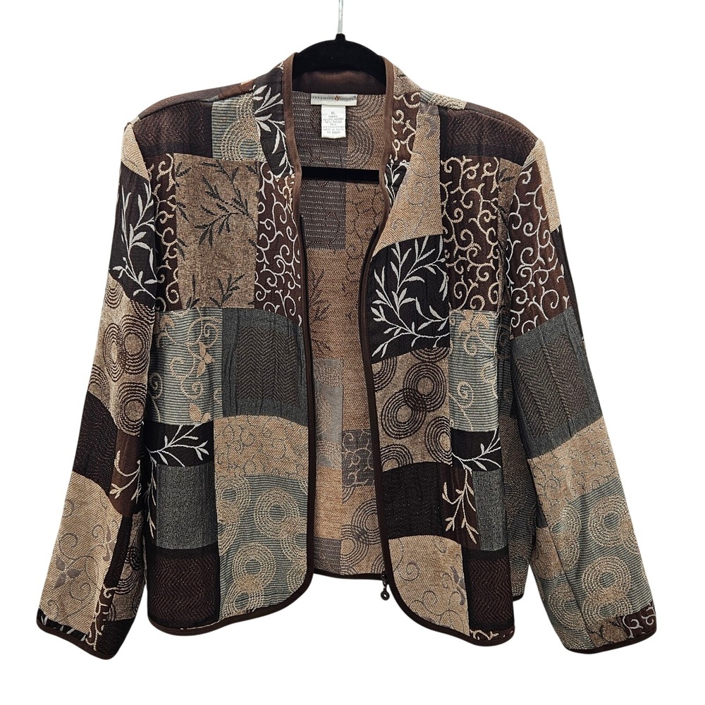 Preswick & Moore Womens XL Tapestry Patchwork Zip Jacket Brown Tan Boho Floral